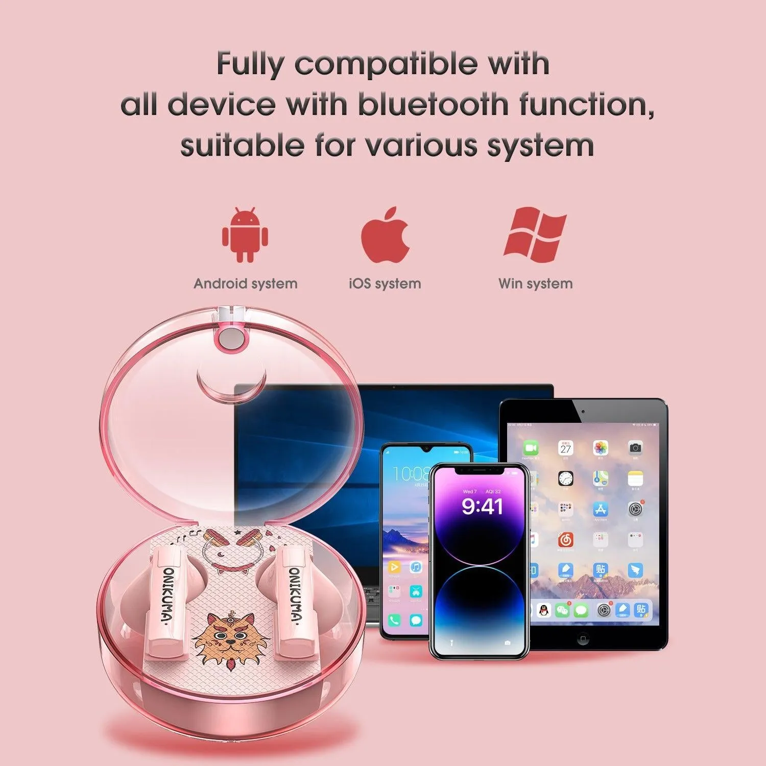 ONIKUMA T301 oordopjes draadloos roze touch control