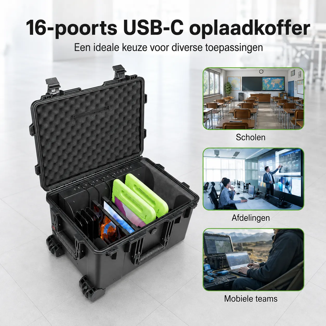 WISEQ USB-C oplaadkoffer 16-poorts 500W tablets