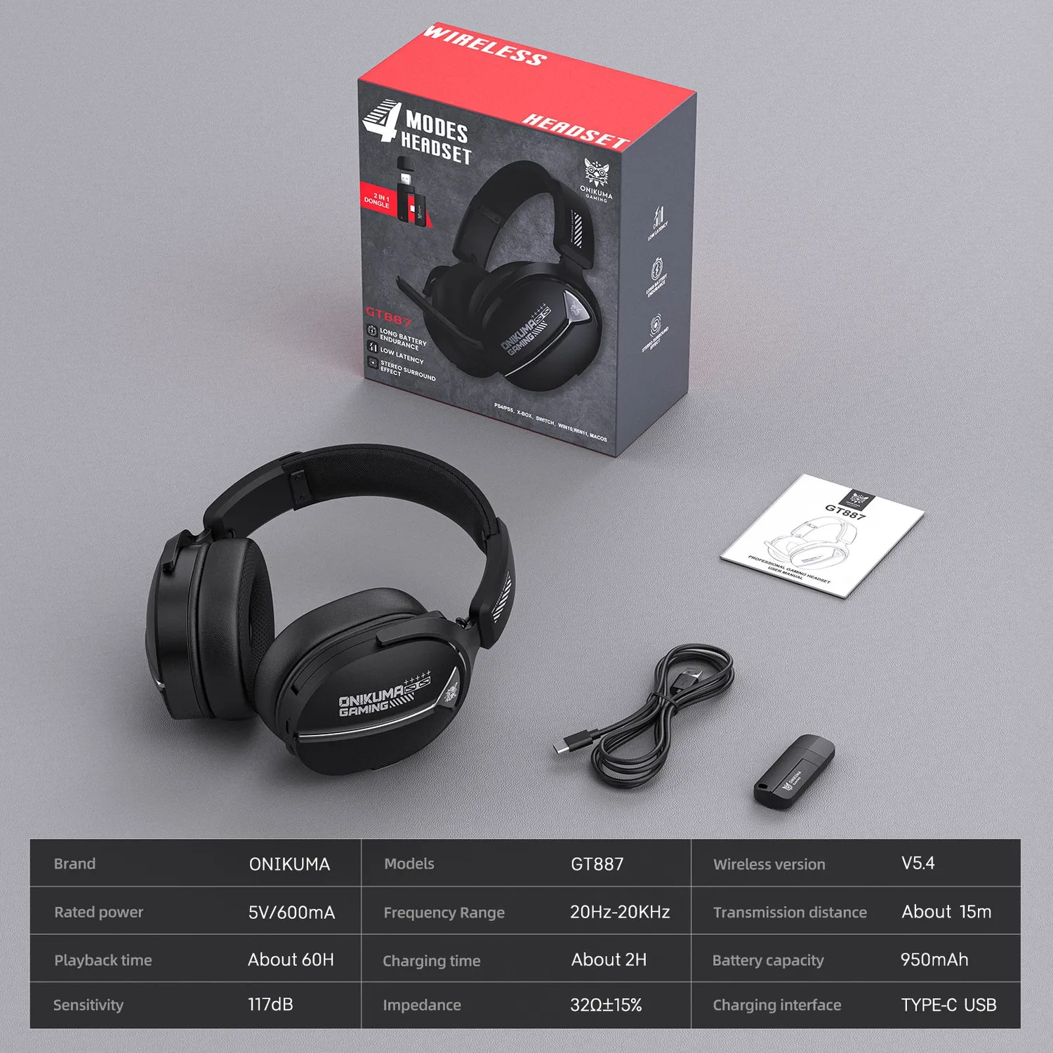 ONIKUMA GT887 gaming headset zwart 60 uur 4-modi