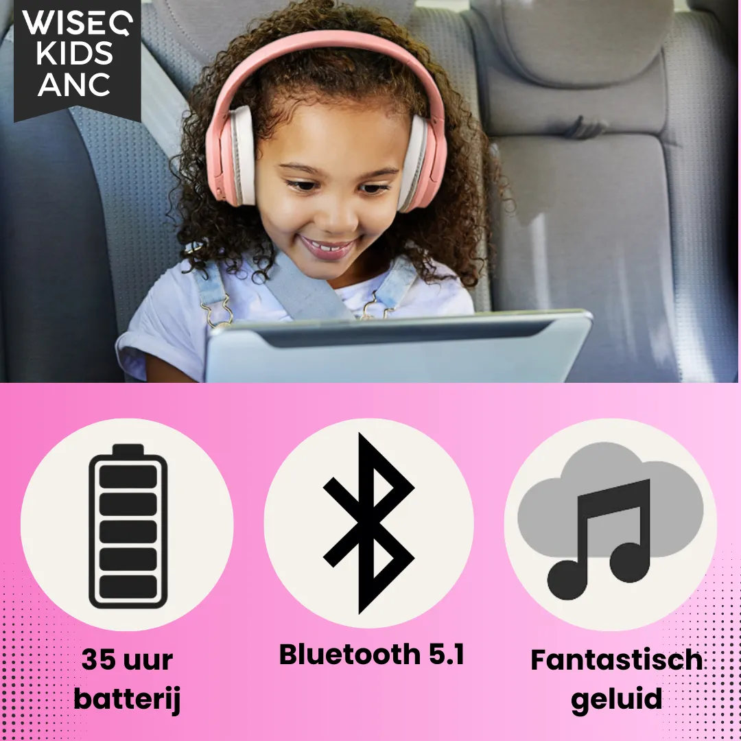 WISEQ Kids ANC kinderkoptelefoon roze noise cancelling