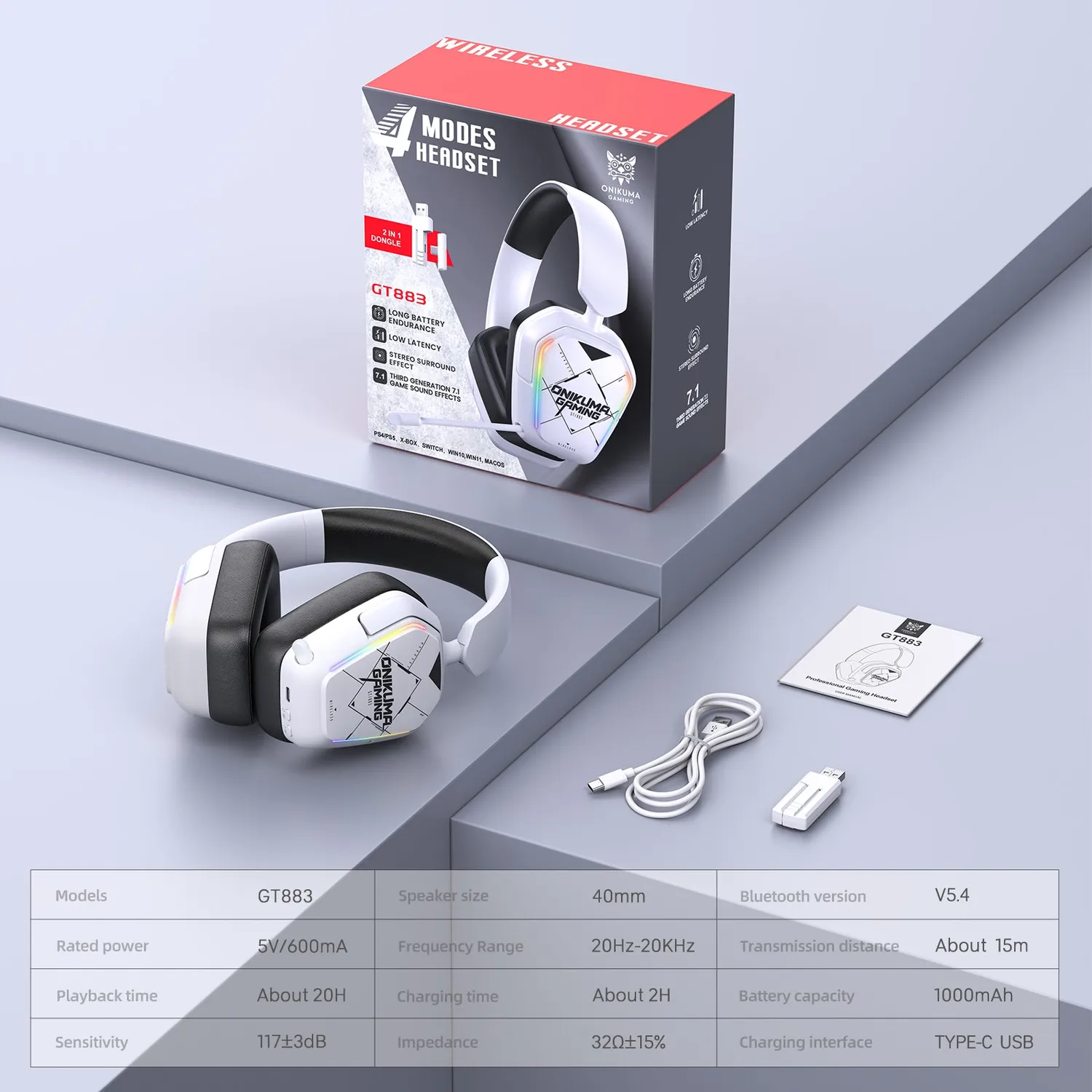 ONIKUMA GT883 gaming headset draadloos wit 60 uur