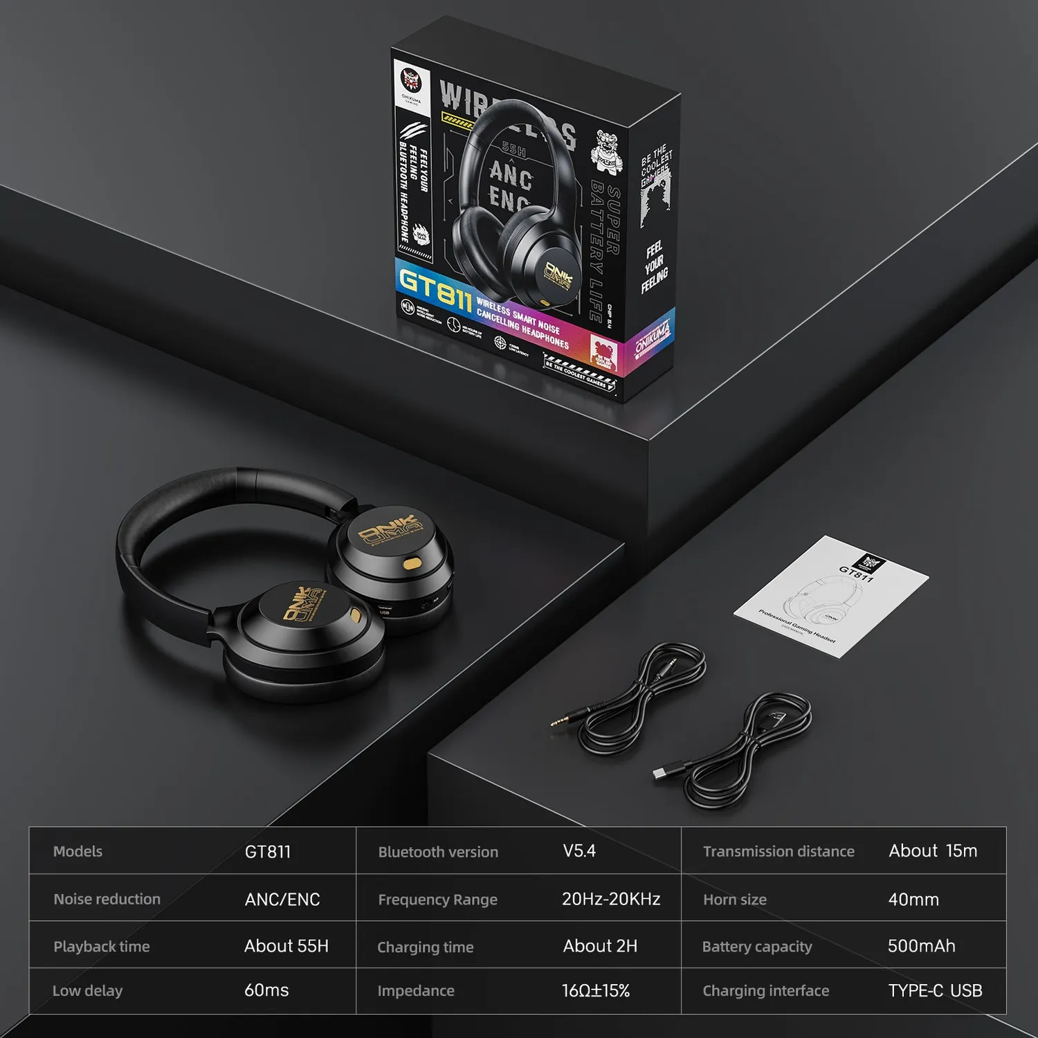 ONIKUMA GT811 gaming headset zwart Bluetooth ANC