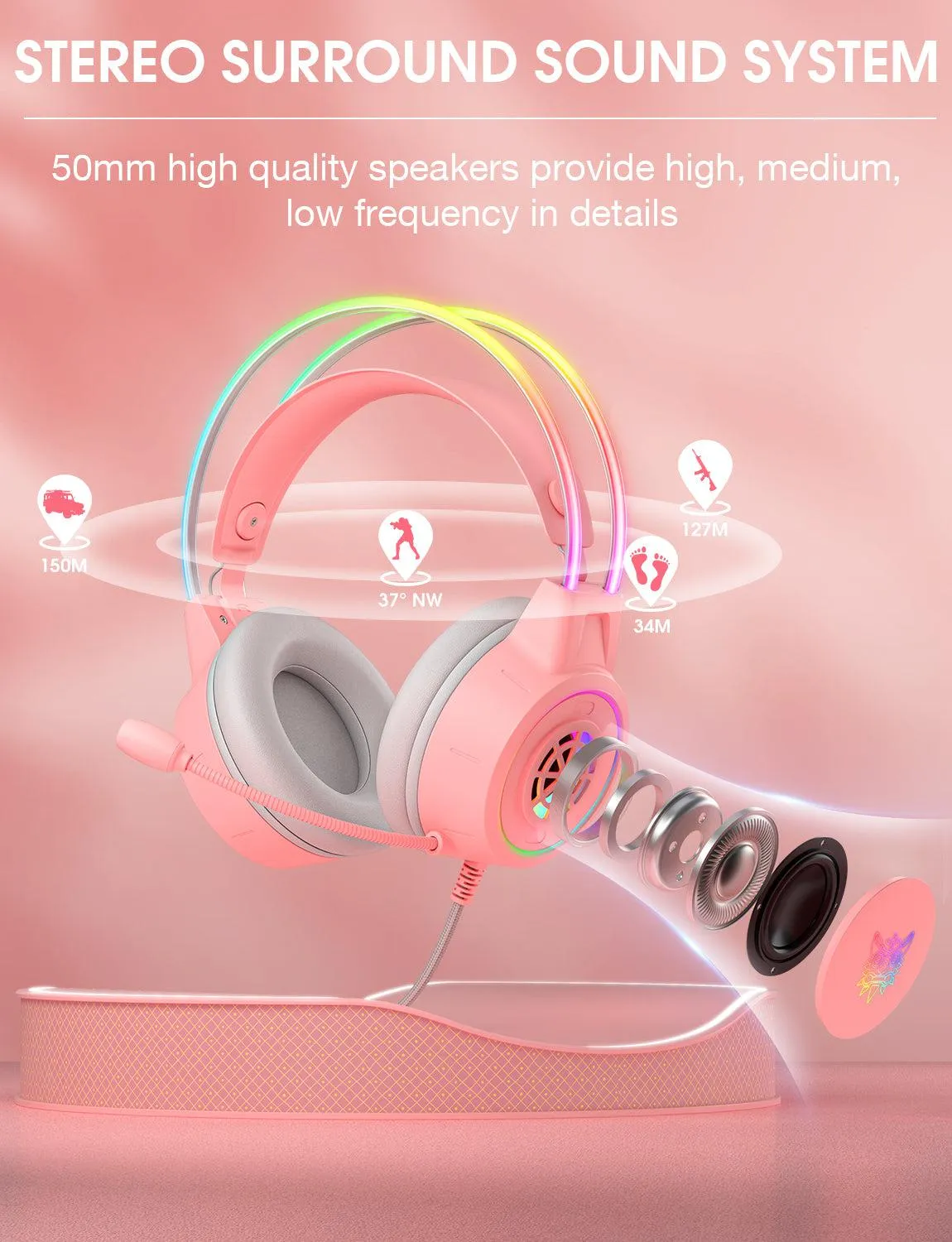 ONIKUMA X15 Pro gaming headset bedraad roze RGB