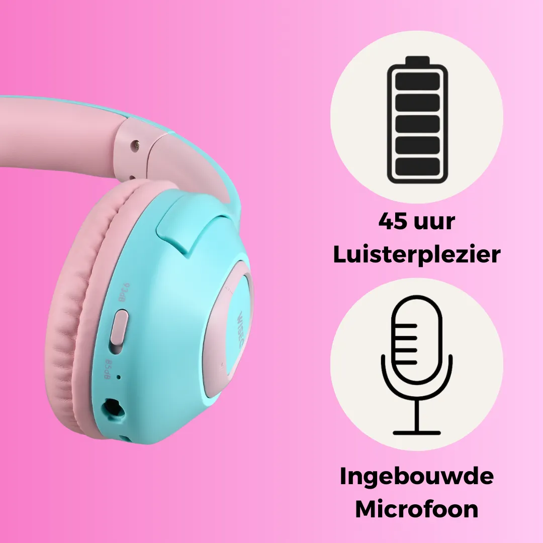 WiseQ Unbreakable Draadloze Kinderkoptelefoon Mintgroen-Roze 45 uur