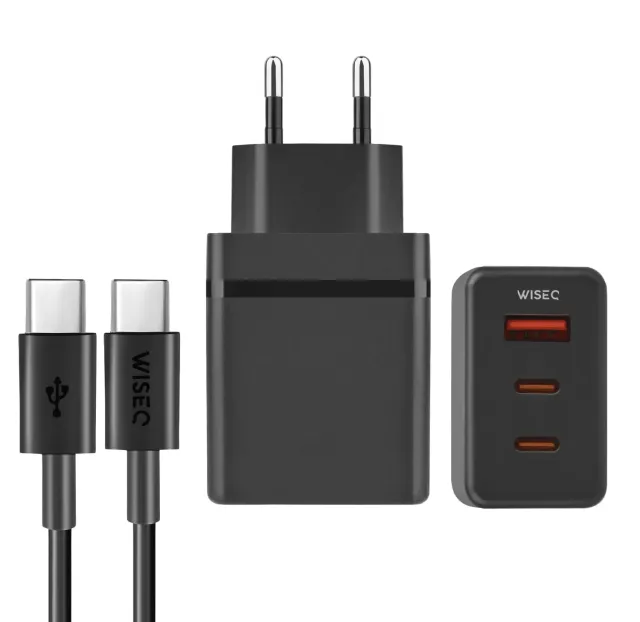 WiseQ 38W Snellader 3 poorten met USB-C kabel 2m zwart