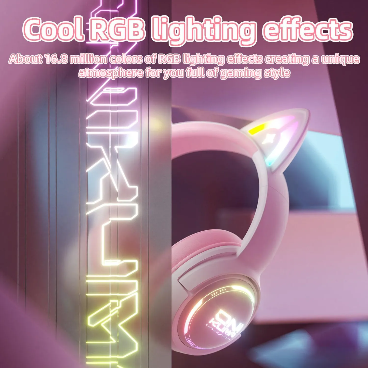 ONIKUMA GT838 gaming headset roze kattenoren draadloos