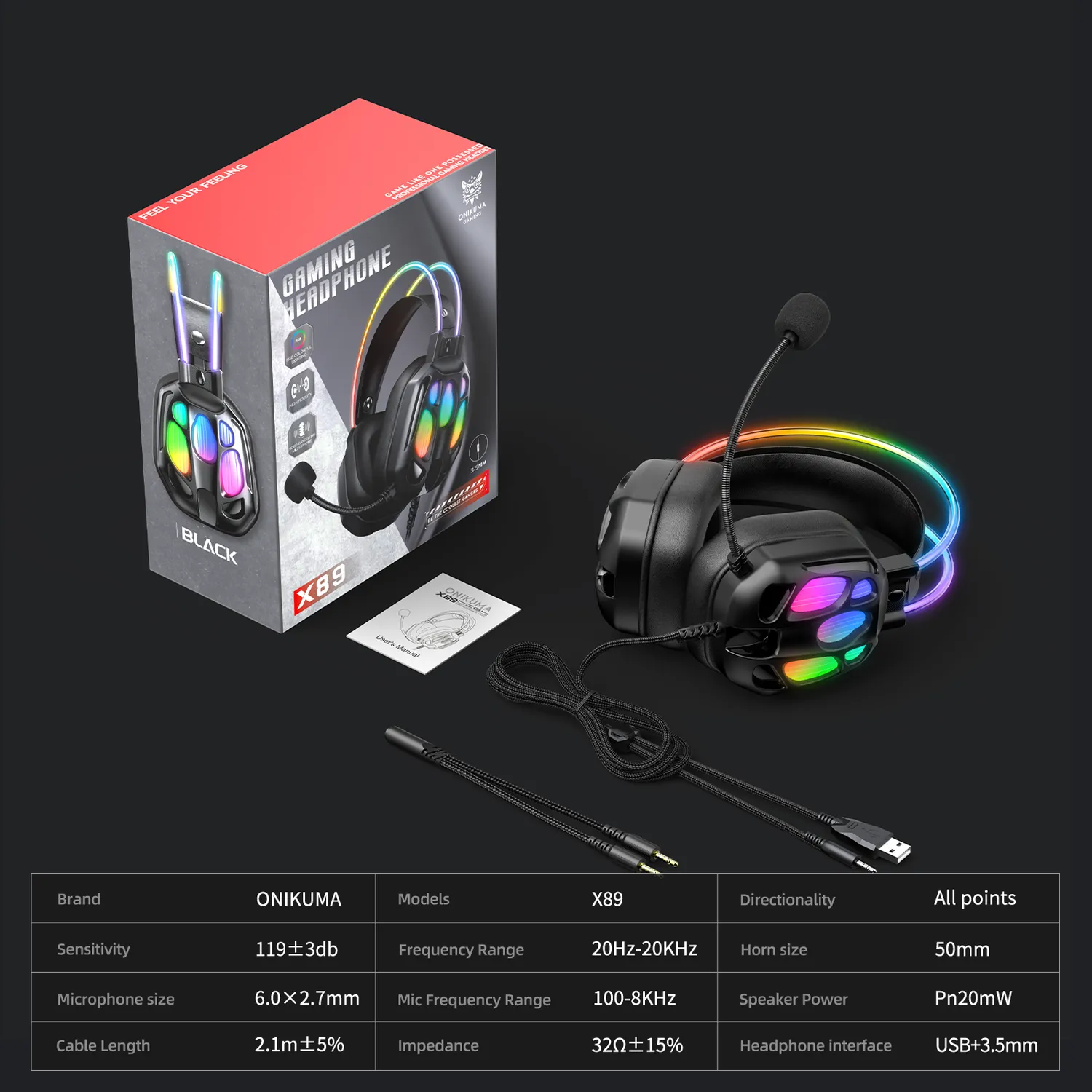 ONIKUMA X89 gaming headset zwart met RGB en microfoon