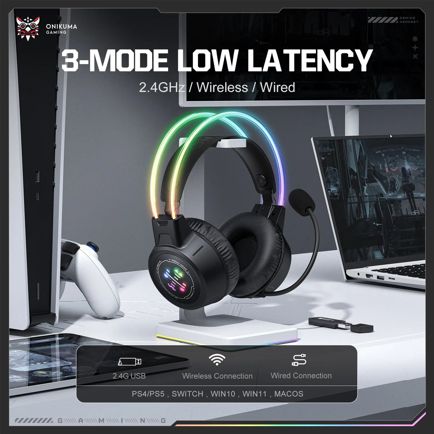 ONIKUMA GT889 gaming headset zwart draadloos – 60 uur