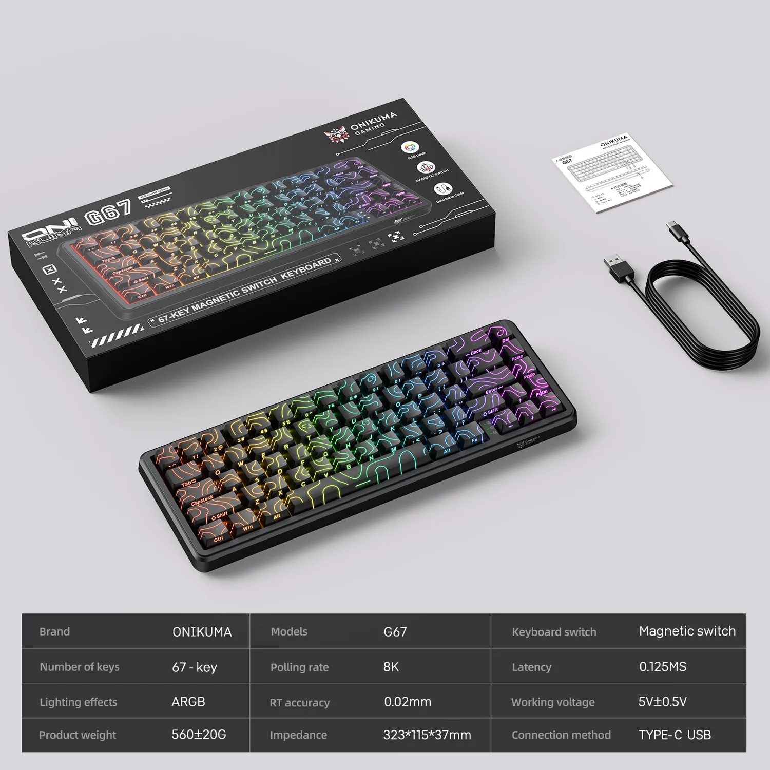 ONIKUMA G67 Toetsenbord 60% Bedraad RGB Magnetisch