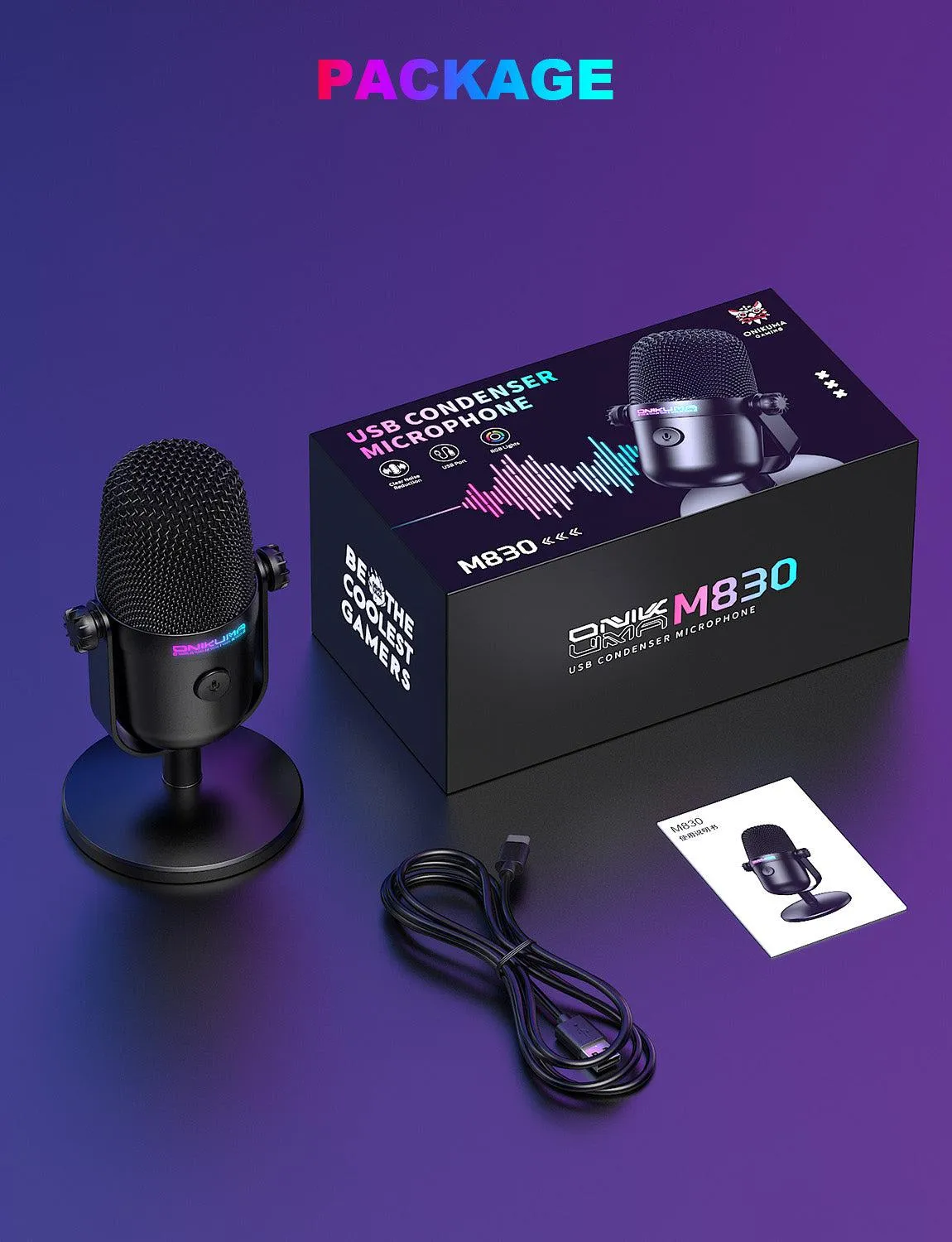 ONIKUMA M830 usb condensator microfoon zwart RGB