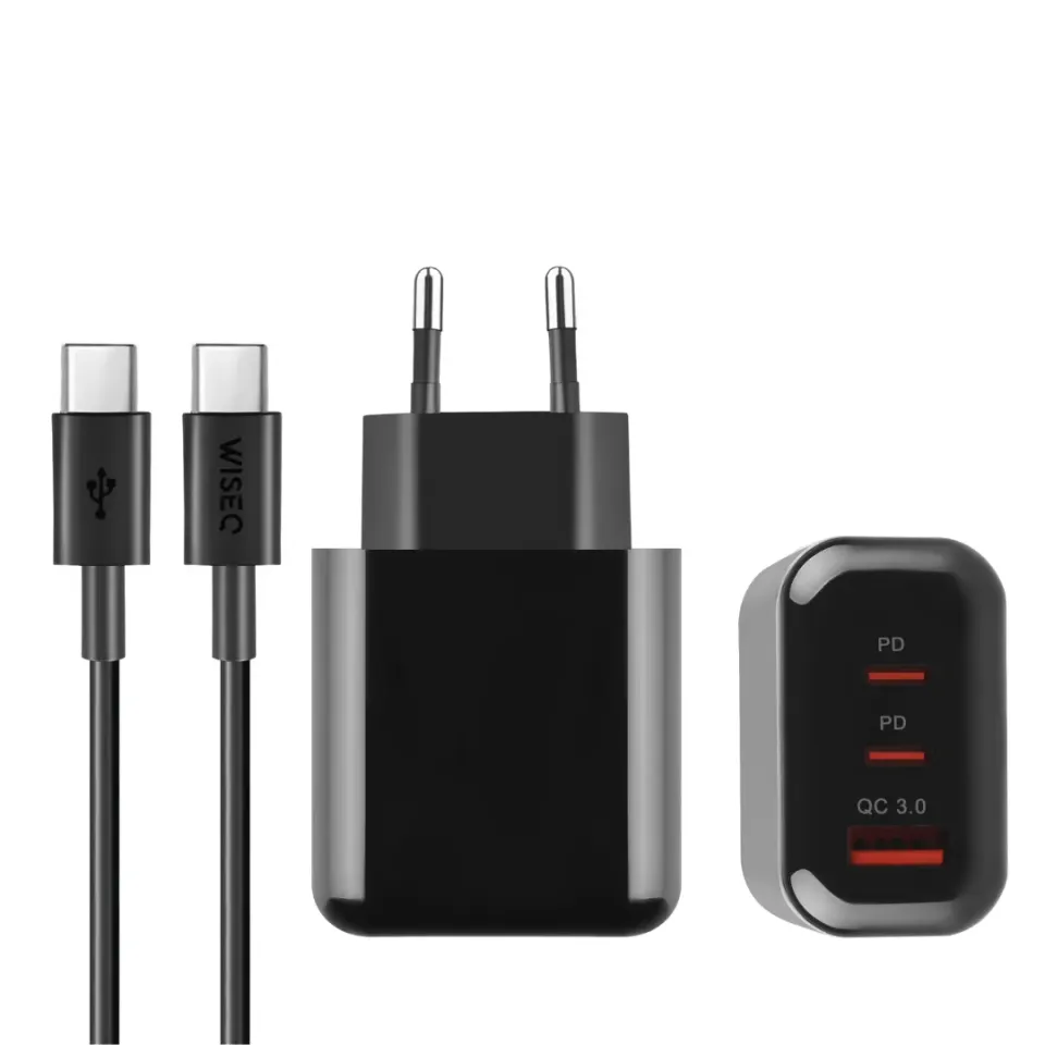 WISEQ 45W Snellader zwart 3-poorts met USB-C kabel 1m GaN