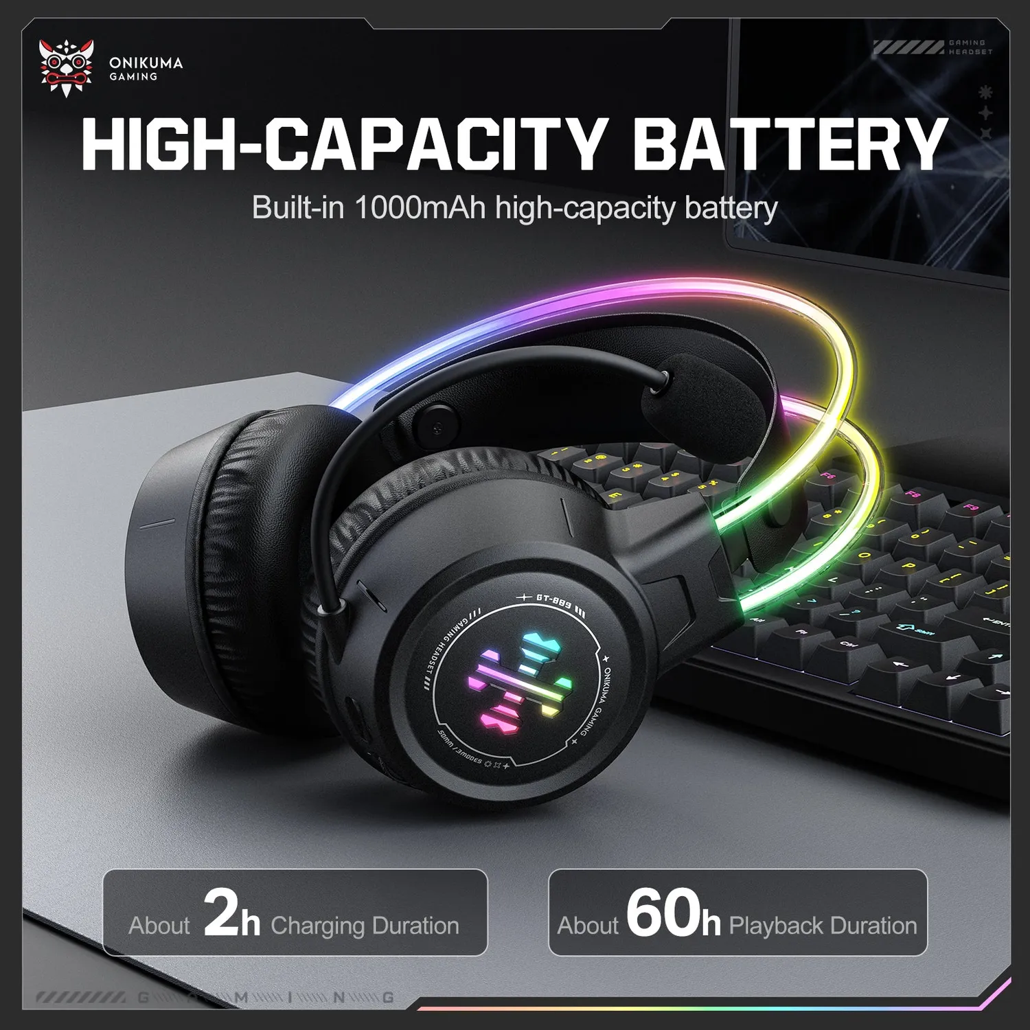 ONIKUMA GT889 gaming headset zwart draadloos – 60 uur