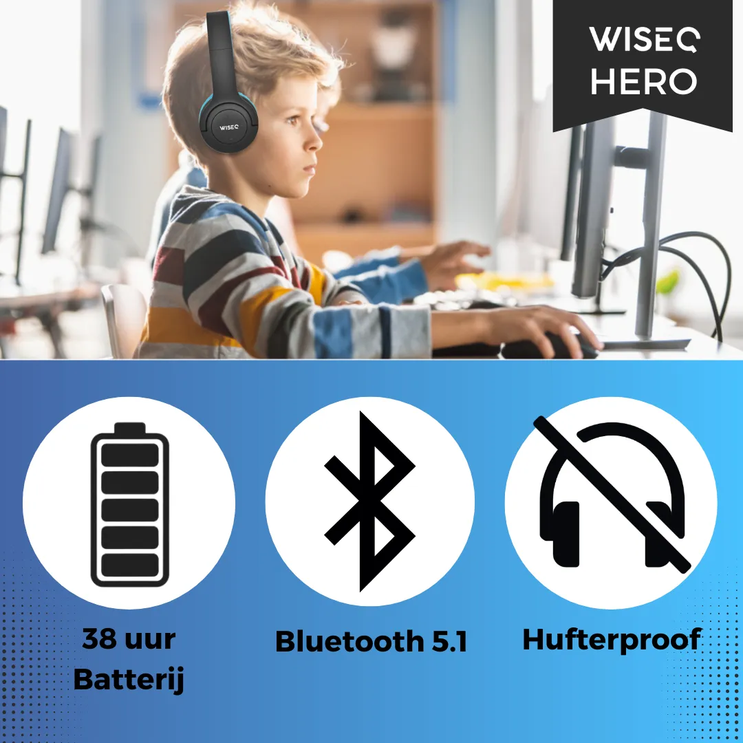 WISEQ Hero Kinder Koptelefoon Draadloos Zwart-Blauw –38u