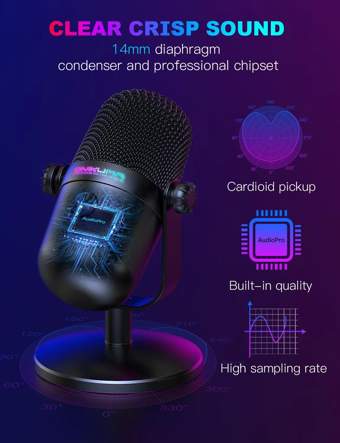 ONIKUMA M830 usb condensator microfoon zwart RGB