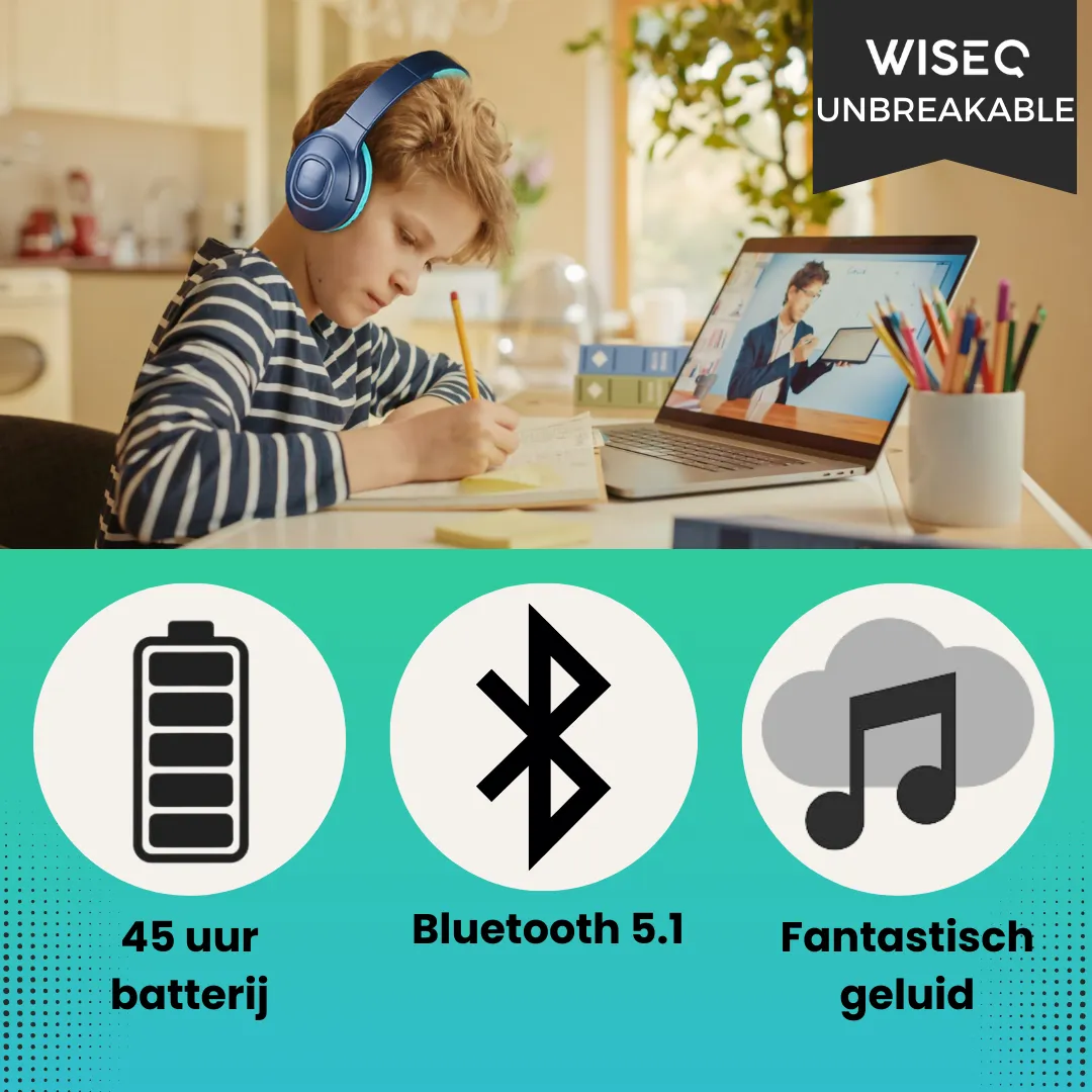 WISEQ Unbreakable kinder koptelefoon blauw draadloos 45 uur