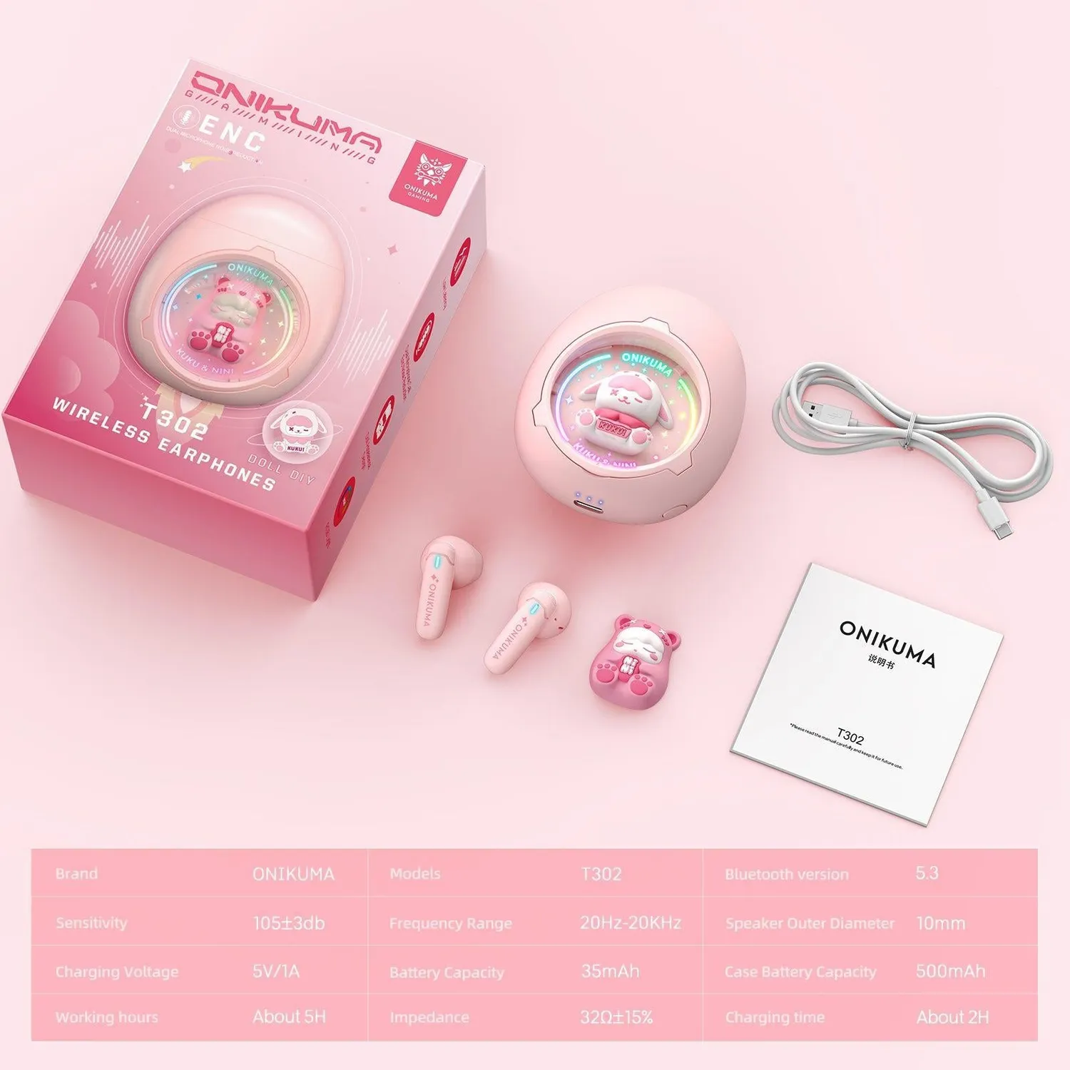 ONIKUMA T302 oordopjes roze met laadcase