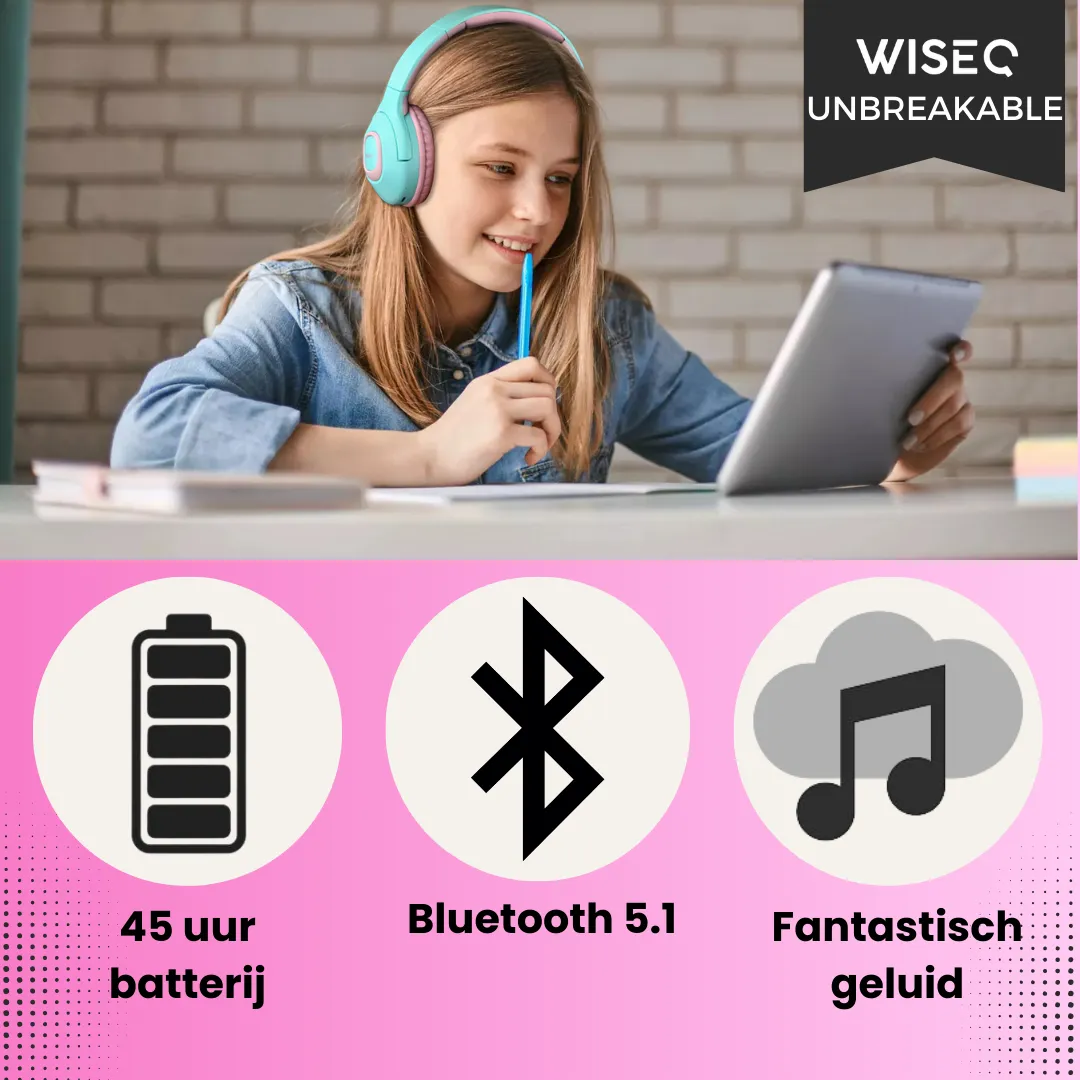 WiseQ Unbreakable Draadloze Kinderkoptelefoon Mintgroen-Roze 45 uur