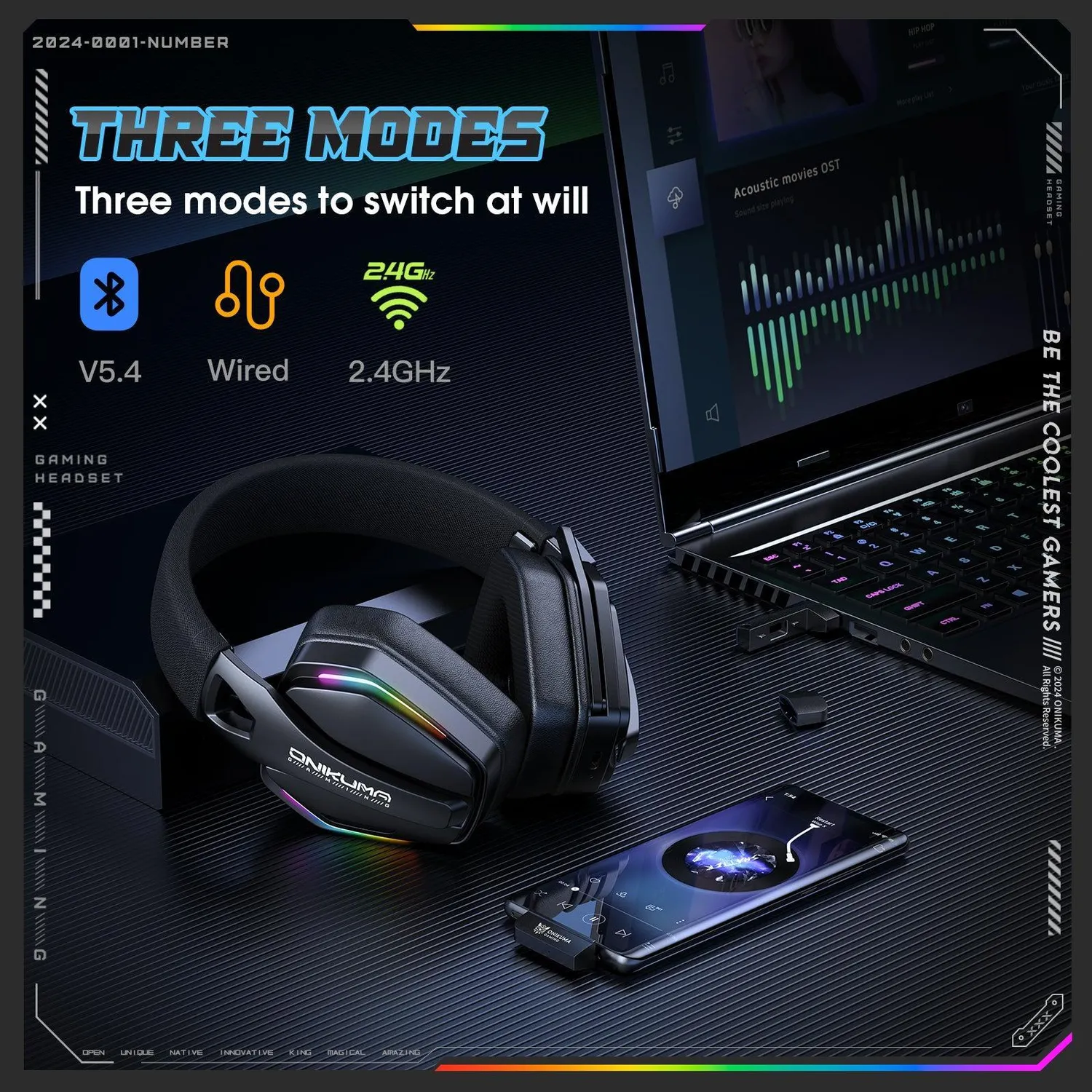 ONIKUMA GT826 gaming headset zwart 3-modi 20 uur