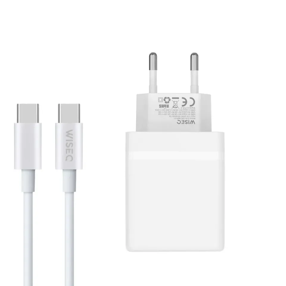 WiseQ 38W GaN oplader USB-C kabel 2m wit 3-poorts