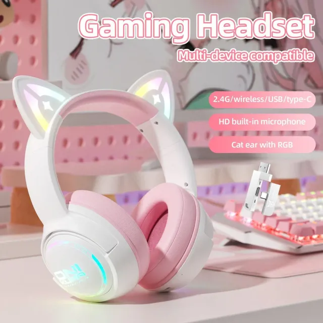 ONIKUMA GT838 gaming headset roze kattenoren draadloos