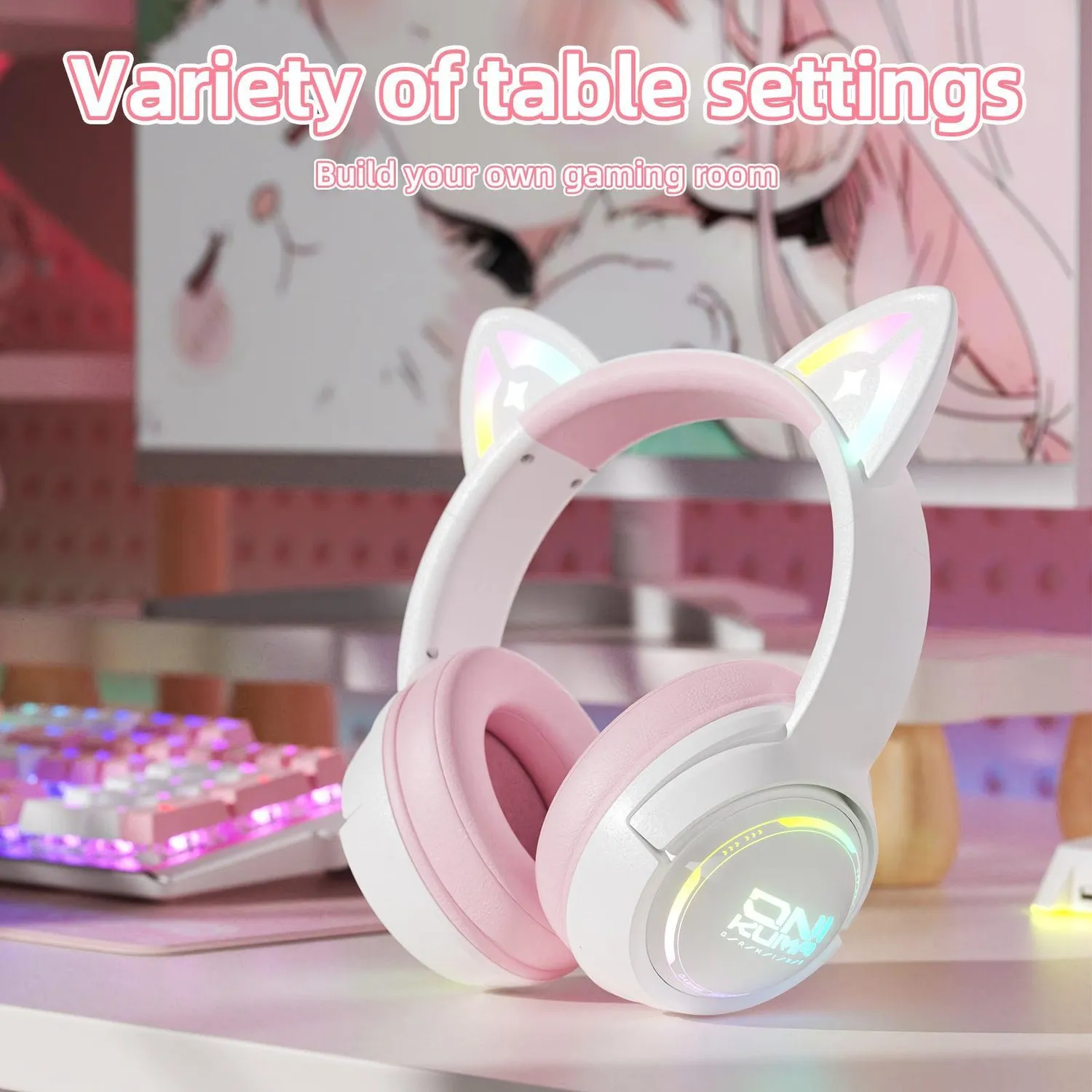ONIKUMA GT838 gaming headset roze kattenoren draadloos