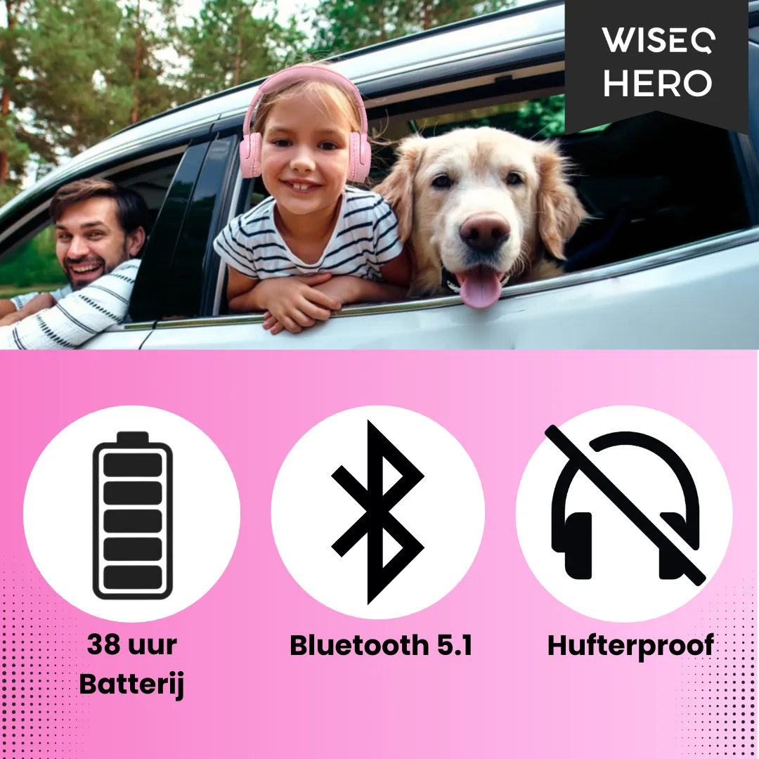 WISEQ Hero Kinderkoptelefoon bluetooth 38 uur roze