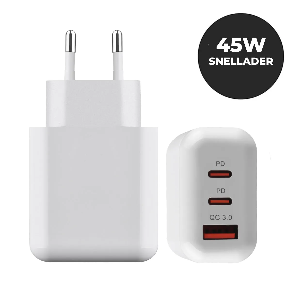 WiseQ 45W GaN snellader USB-C wit universeel 3-poorts