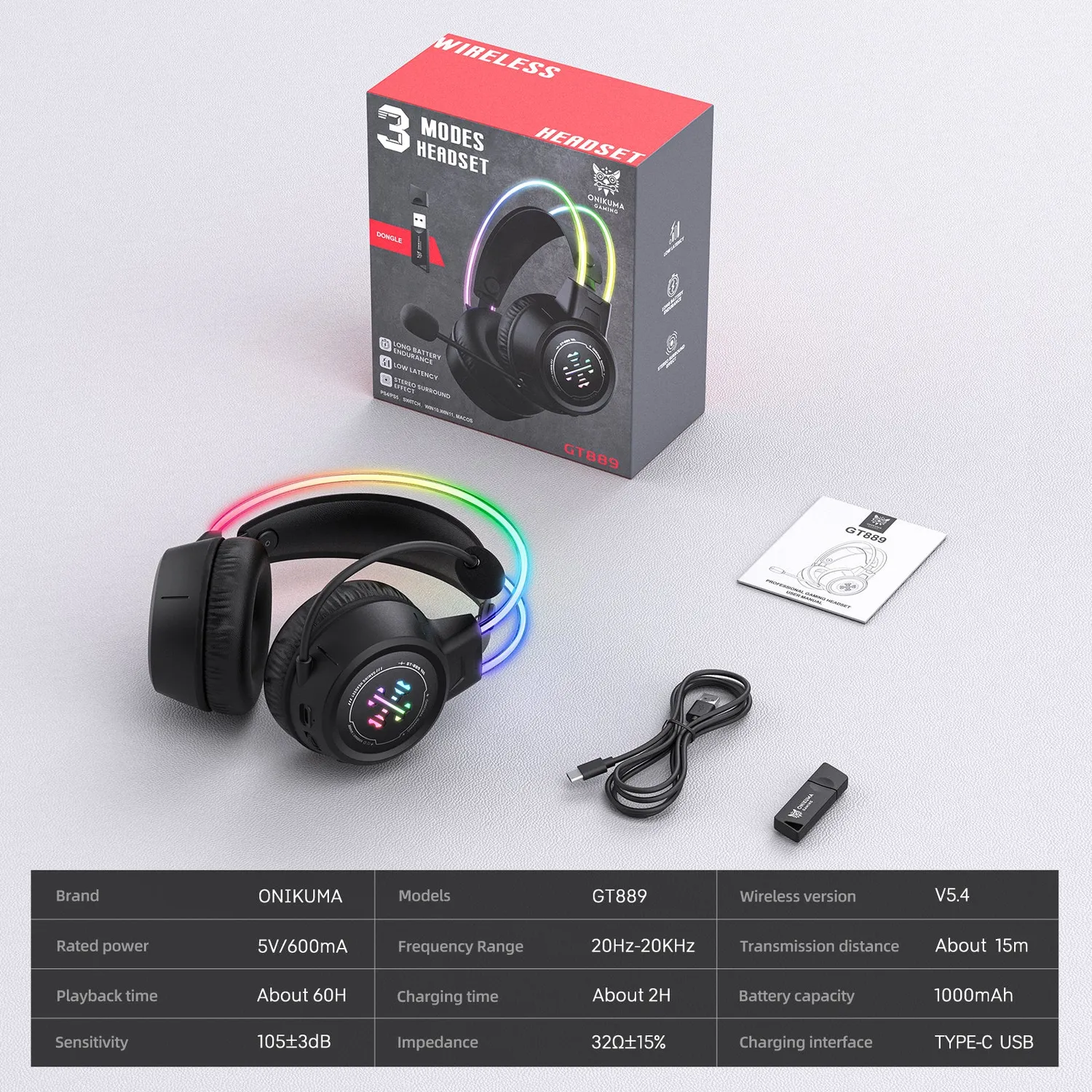 ONIKUMA GT889 gaming headset zwart draadloos – 60 uur