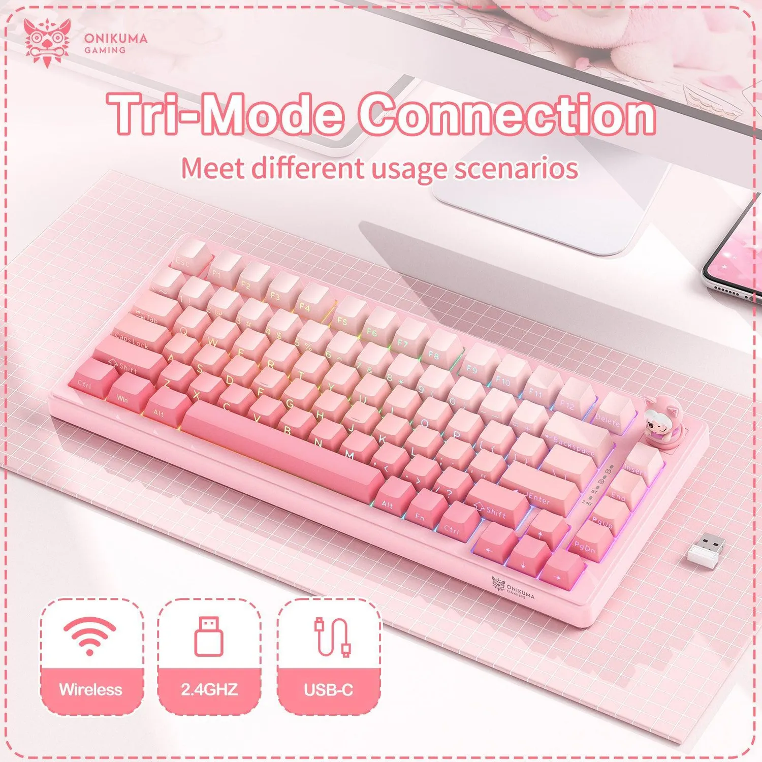 ONIKUMA MT707 gaming toetsenbord roze RGB draadloos