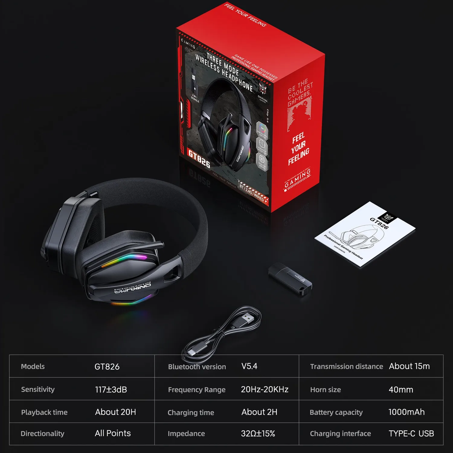 ONIKUMA GT826 gaming headset zwart 3-modi 20 uur