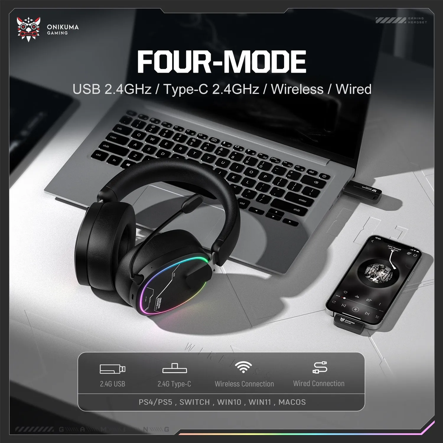 ONIKUMA GT836 gaming headset zwart 60 uur