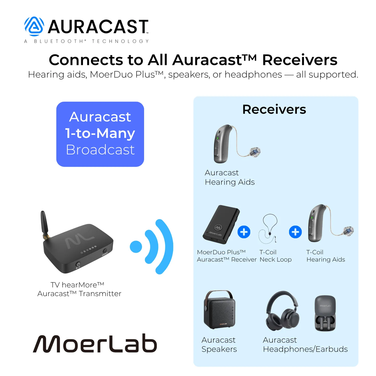 Moerlab TV hearMore Auracast tv zender optical AUX