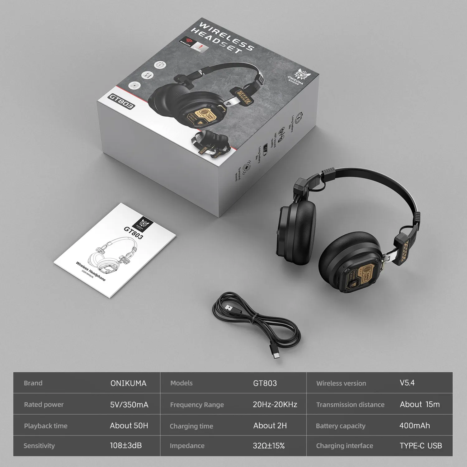 ONIKUMA GT803 gaming headset zwart draadloos 50 uur
