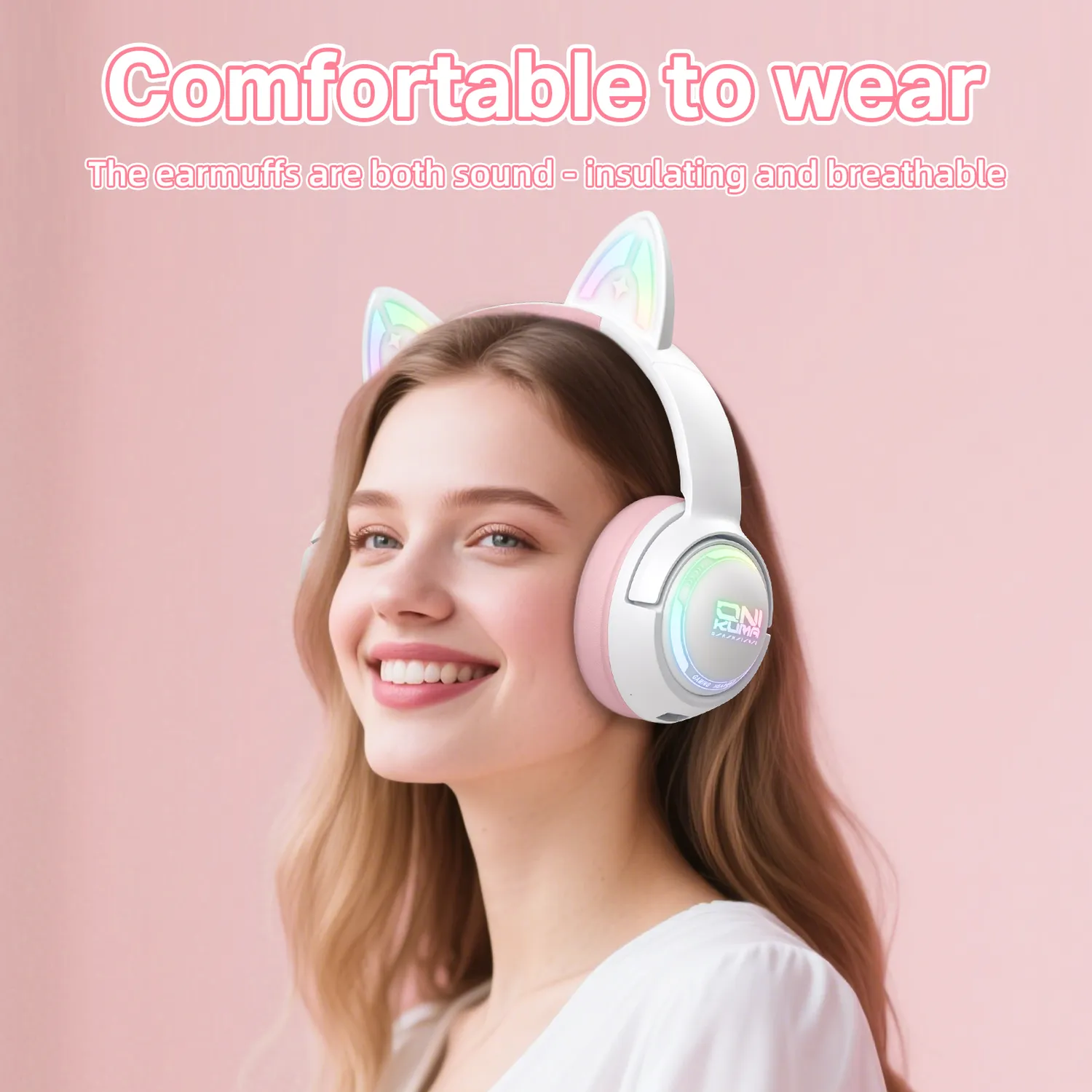 ONIKUMA GT838 gaming headset roze kattenoren draadloos