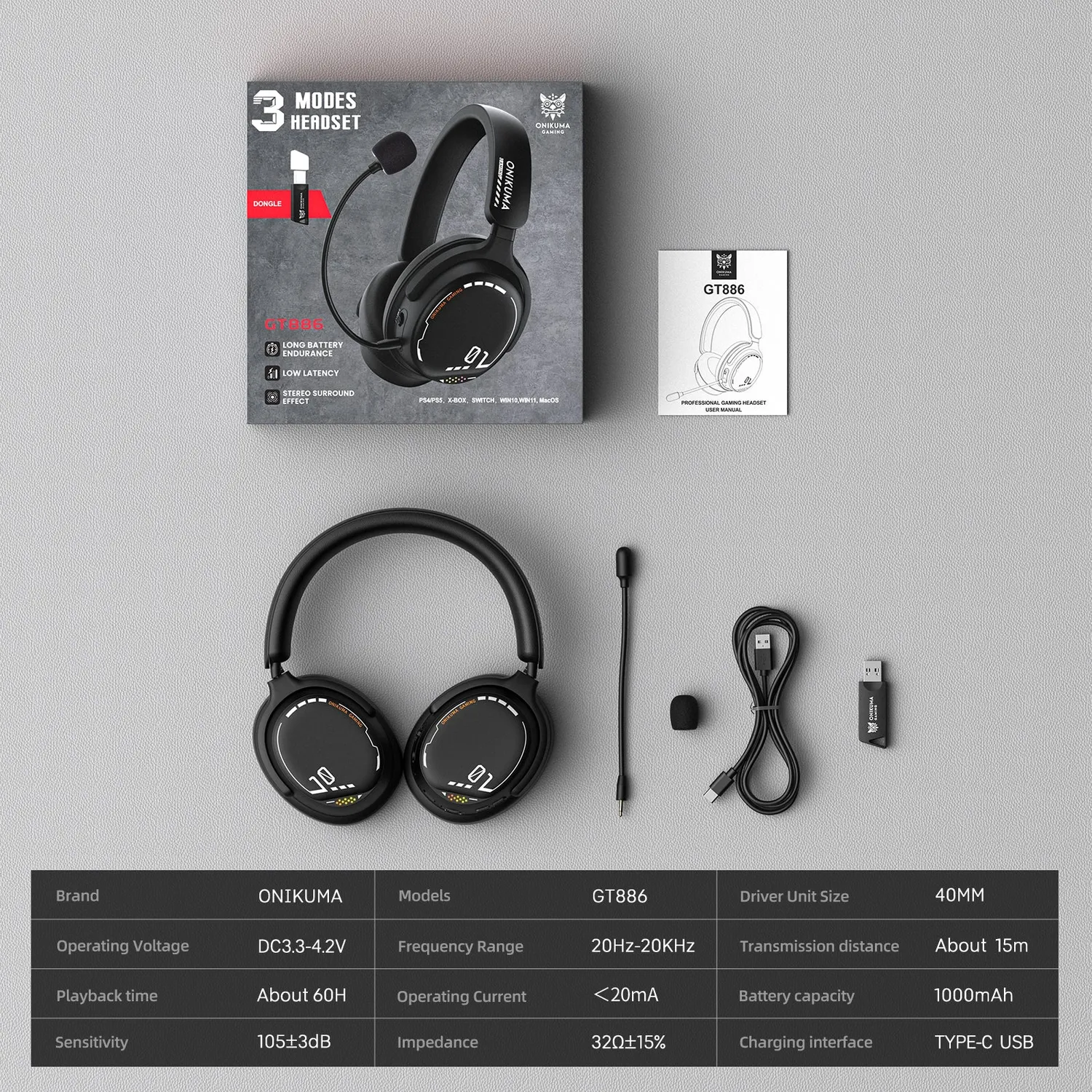 ONIKUMA GT886 wireless gaming headset zwart RGB
