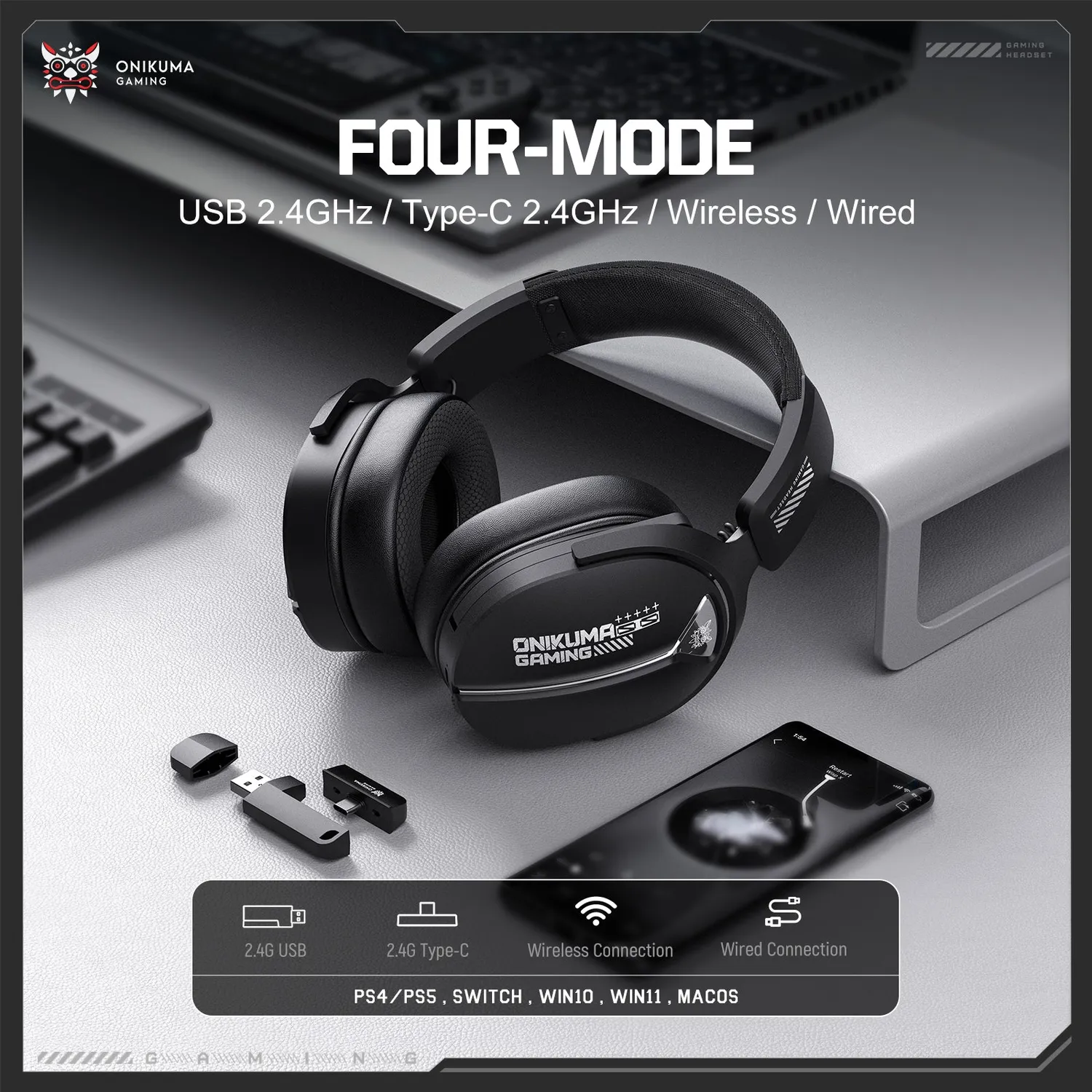 ONIKUMA GT887 gaming headset zwart 60 uur 4-modi