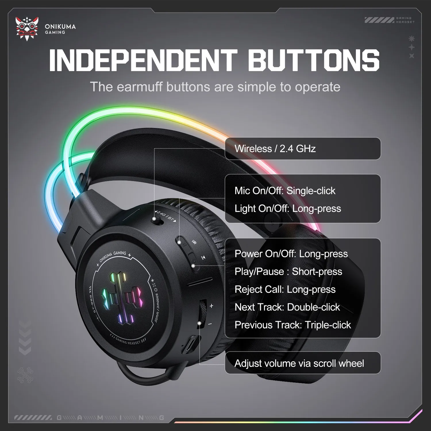 ONIKUMA GT889 gaming headset zwart draadloos – 60 uur