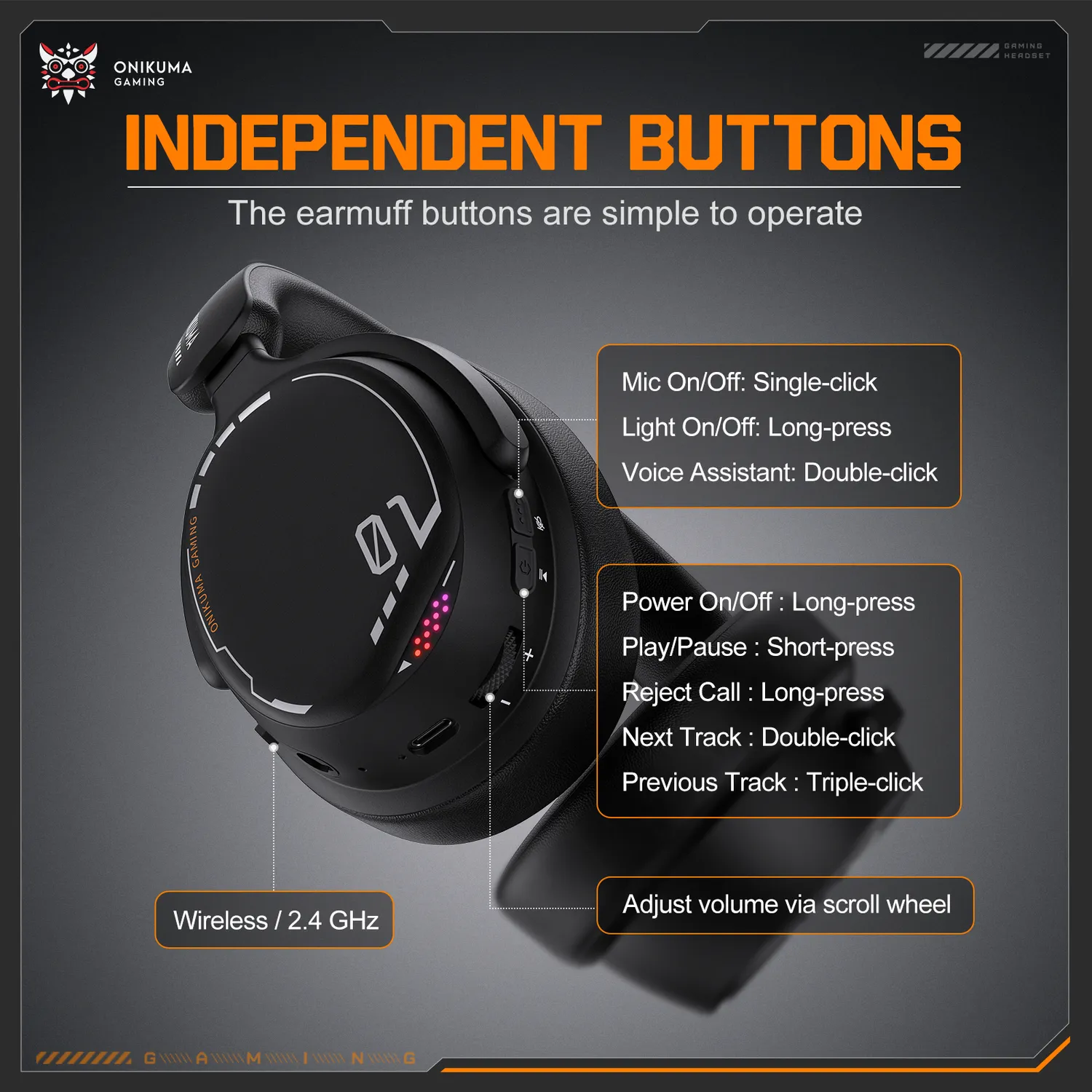 ONIKUMA GT886 wireless gaming headset zwart RGB