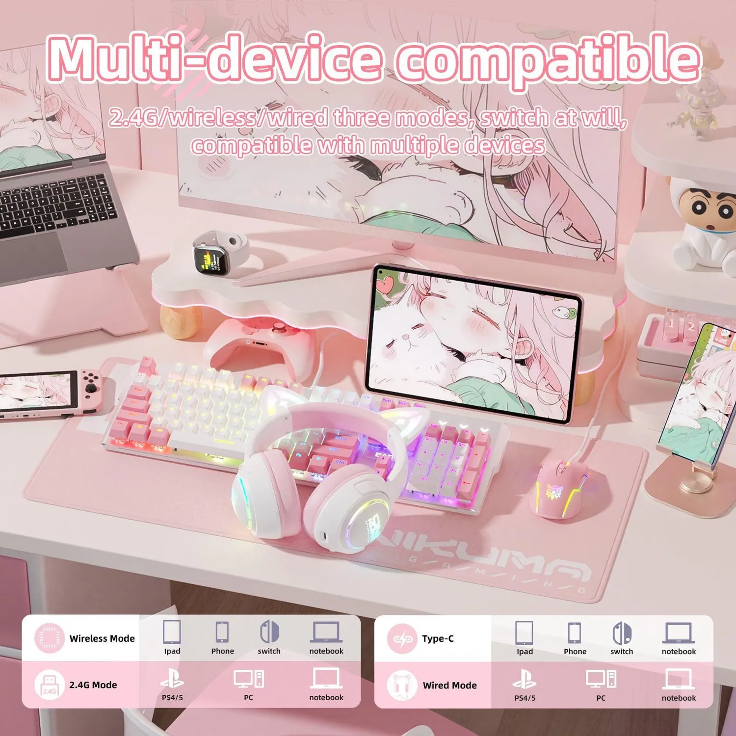 ONIKUMA GT838 gaming headset roze kattenoren draadloos