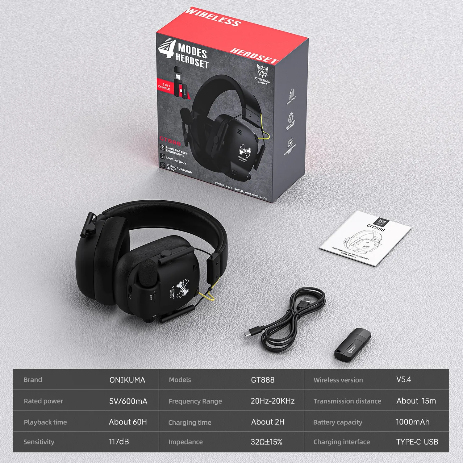 ONIKUMA GT888 draadloze gaming headset zwart 60 uur