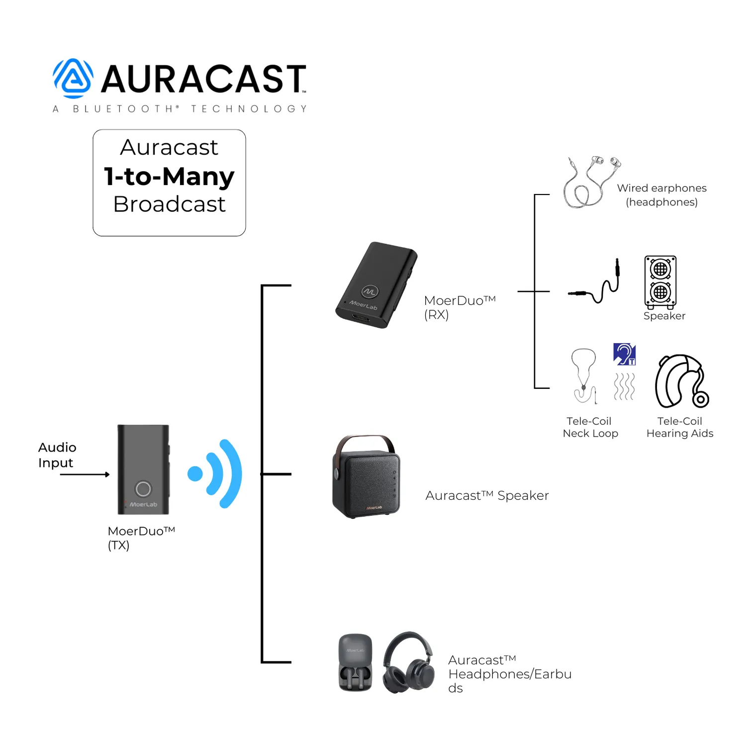 Moerlab MoerDuo Auracast audio transceiver TX/RX