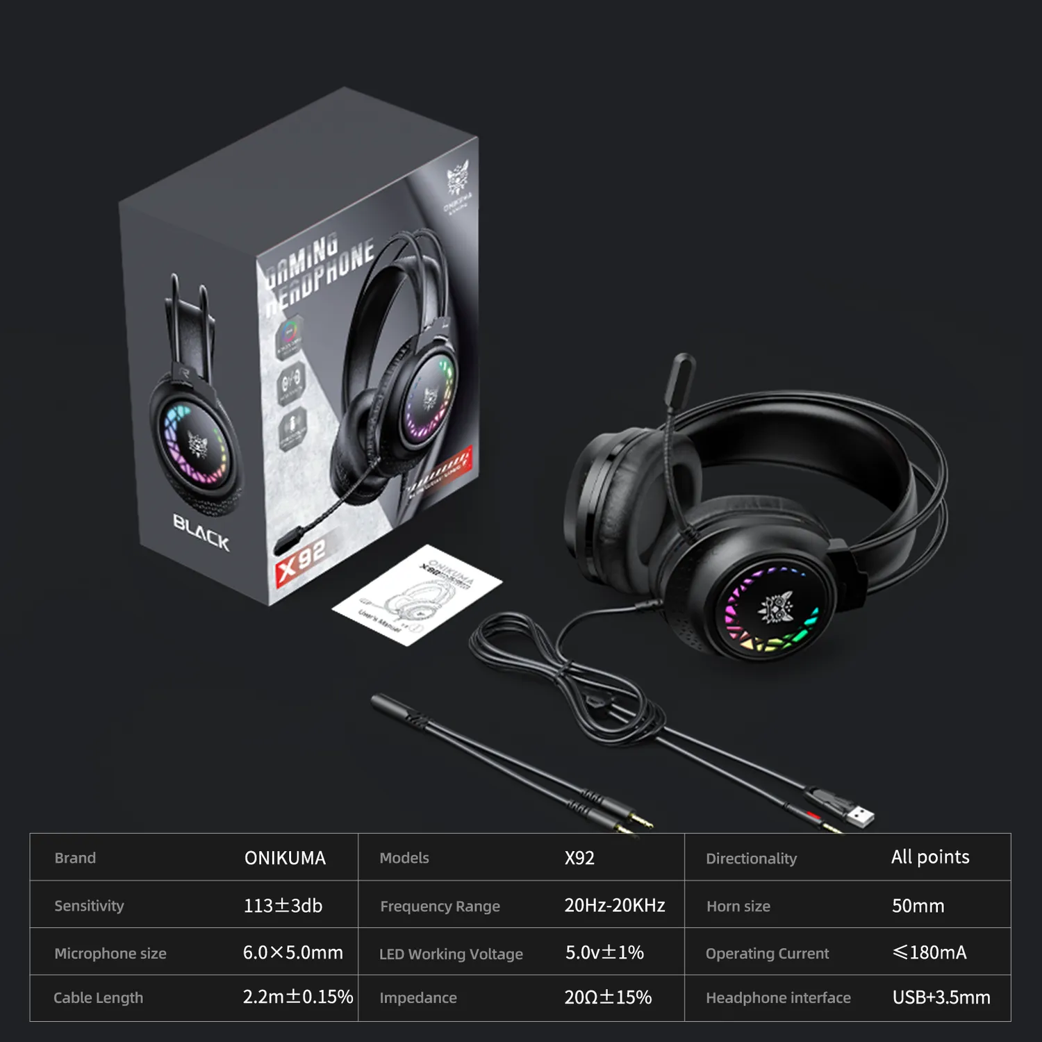 ONIKUMA X92 gaming headset zwart RGB surround