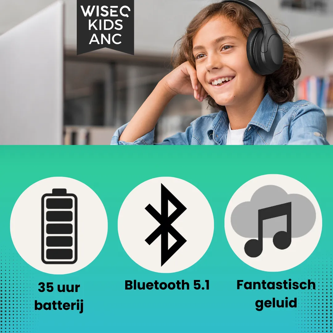 WiseQ Kids ANC Kinderkoptelefoon Zwart – Draadloos ANC