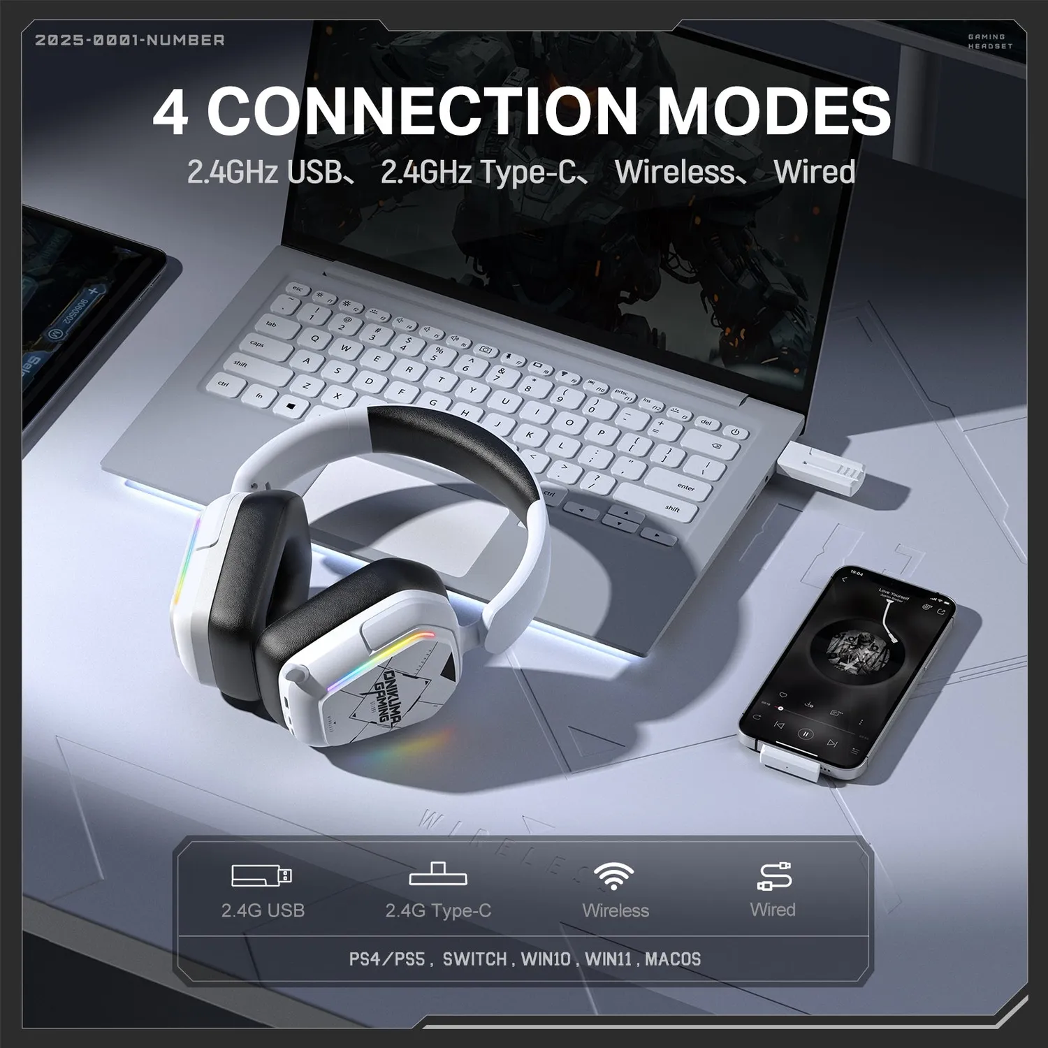 ONIKUMA GT883 gaming headset draadloos wit 60 uur