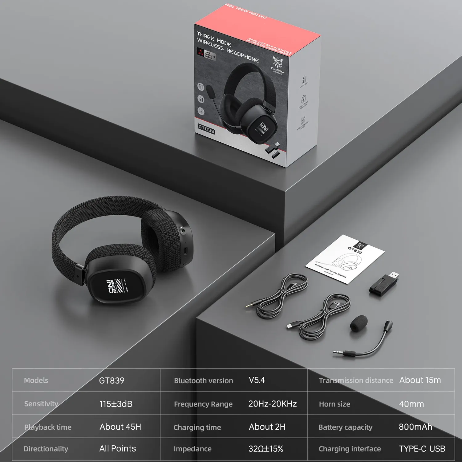 ONIKUMA GT839 gaming headset zwart draadloos 45H