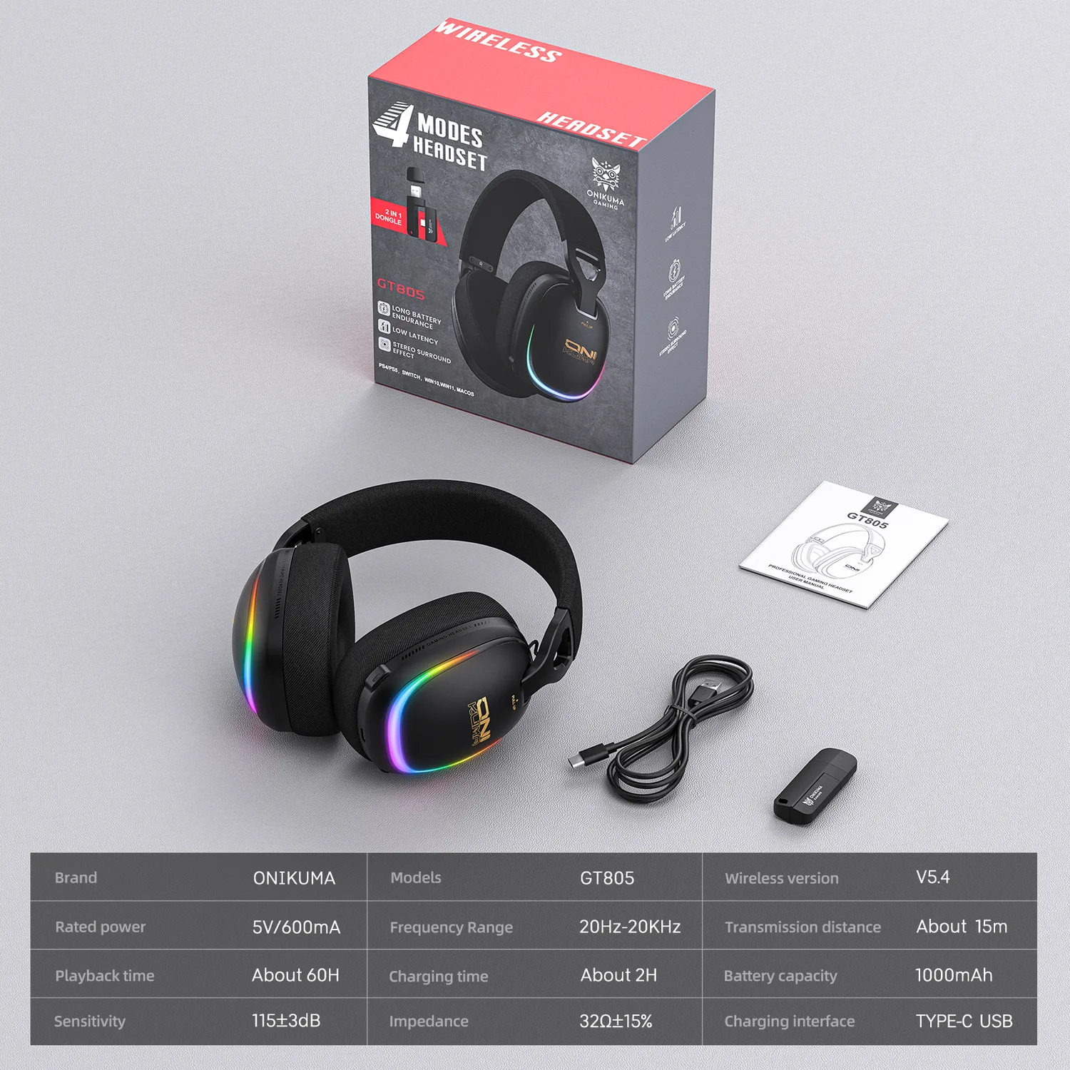 ONIKUMA GT805 gaming headset zwart draadloos low latency