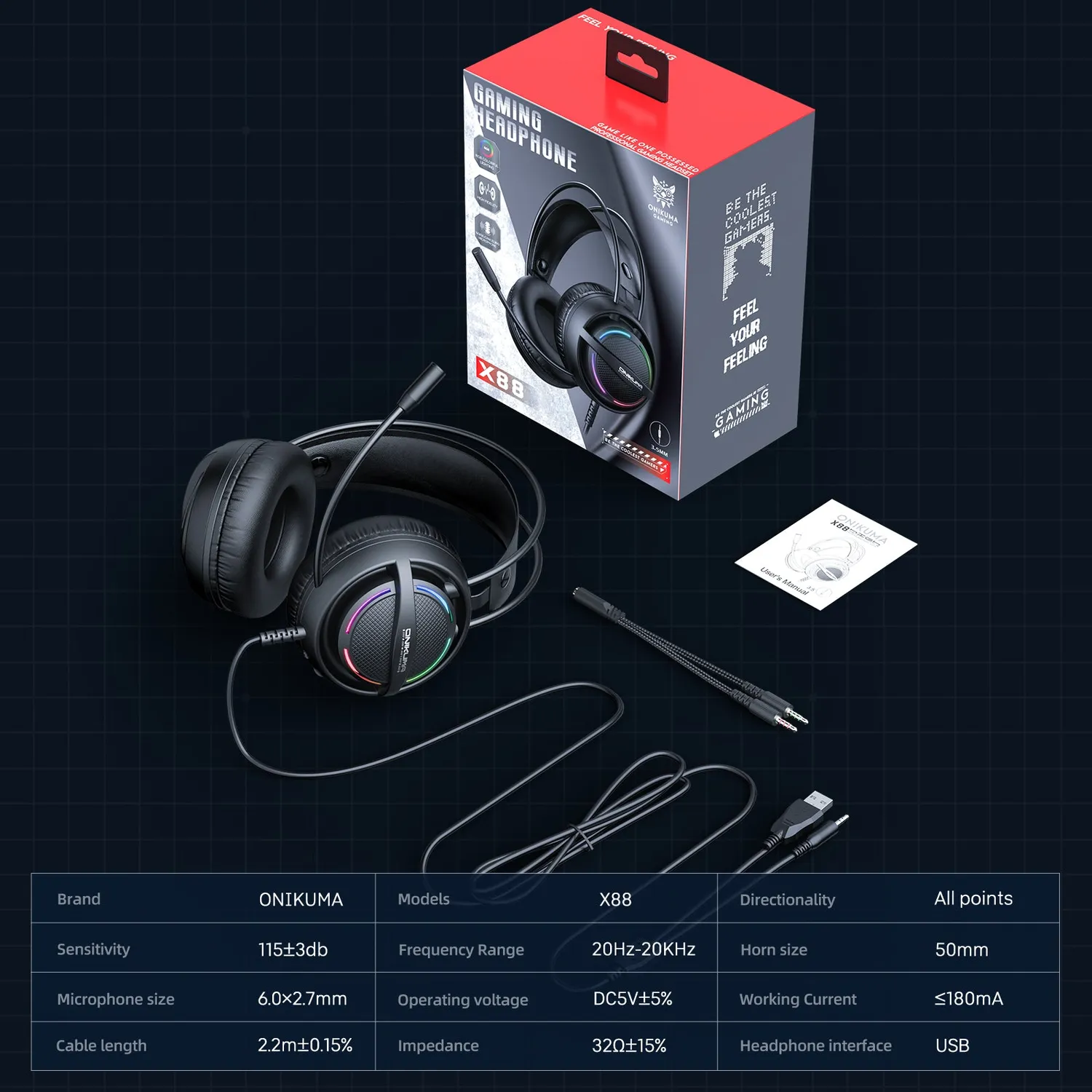 ONIKUMA X88 gaming headset zwart RGB 50mm