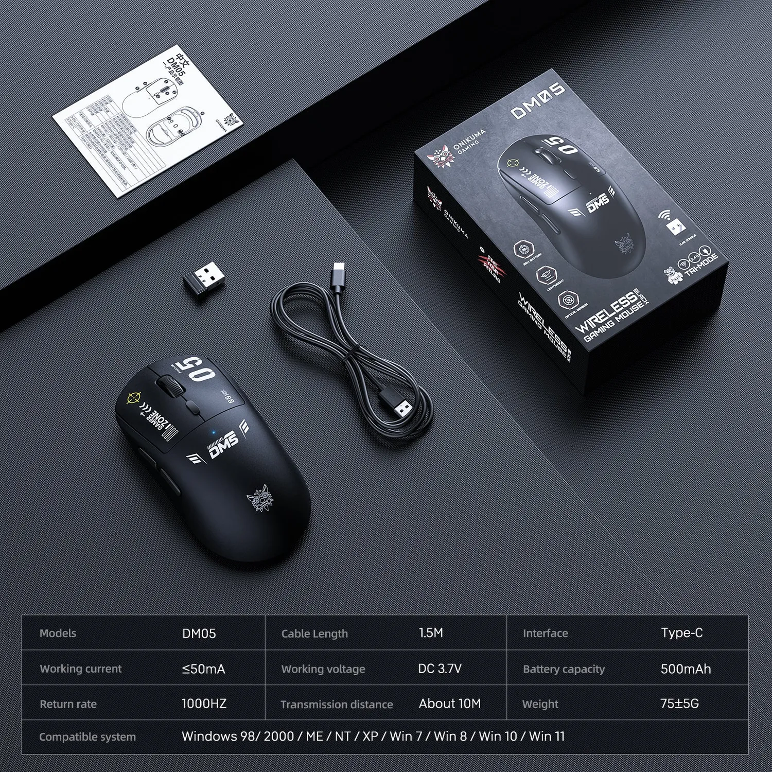 ONIKUMA DM05 draadloze gaming muis zwart 12800 DPI