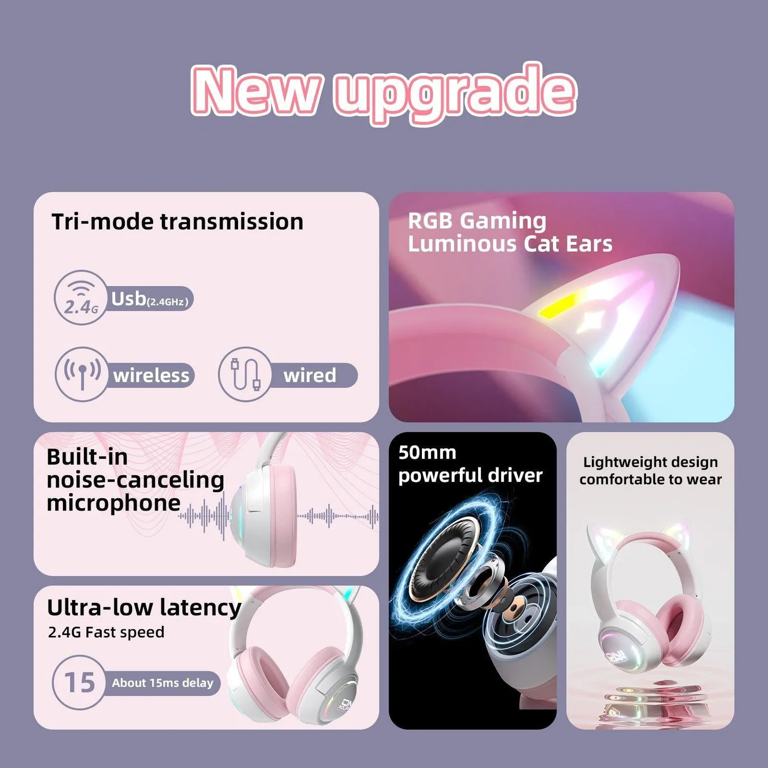 ONIKUMA GT838 gaming headset roze kattenoren draadloos