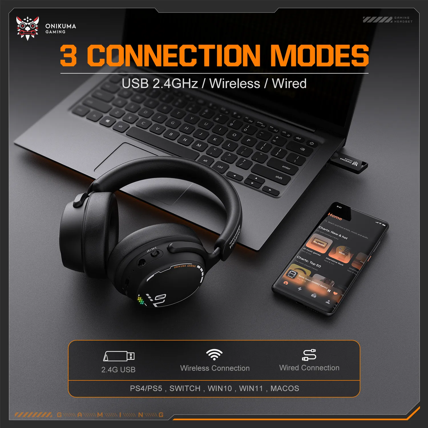ONIKUMA GT886 wireless gaming headset zwart RGB